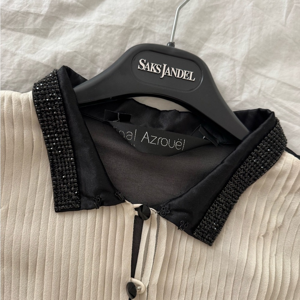 Yigal Azrouël Black and Cream Tux Front Beaded Collar Blouse